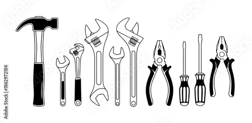 Illustration of various hand tools including a hammer, wrenches, pliers, and screwdrivers.