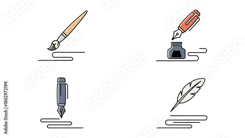 Four writing and drawing tools: paintbrush, fountain pen, calligraphy pen, and feather quill.