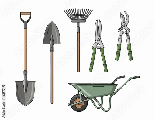 Illustration of gardening tools including a shovel, spade, rake, shears, and a wheelbarrow.
