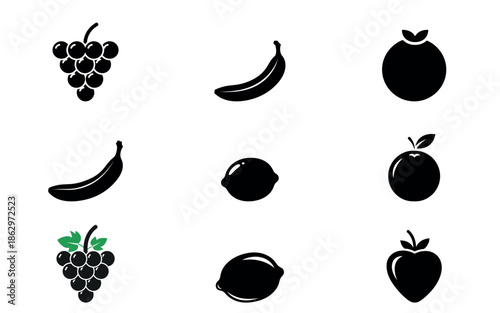A collection of fruit icons in black and white