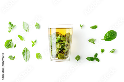 Refreshing herbal tea in a glass with basil leaves around it