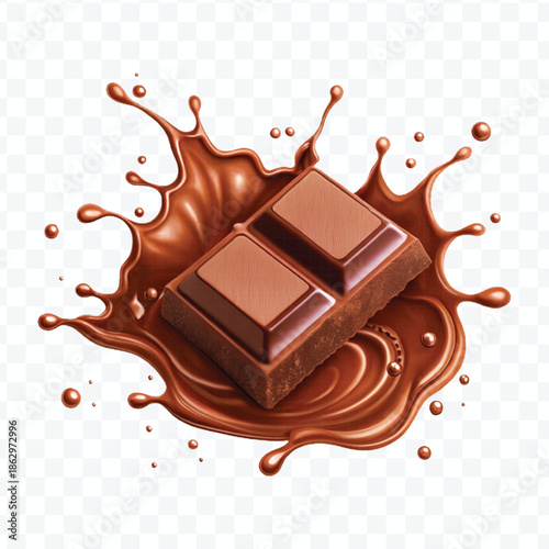 realistic 3d  dark chocolate bar with chocolate cream splash in different  style isolated on transparent background	

