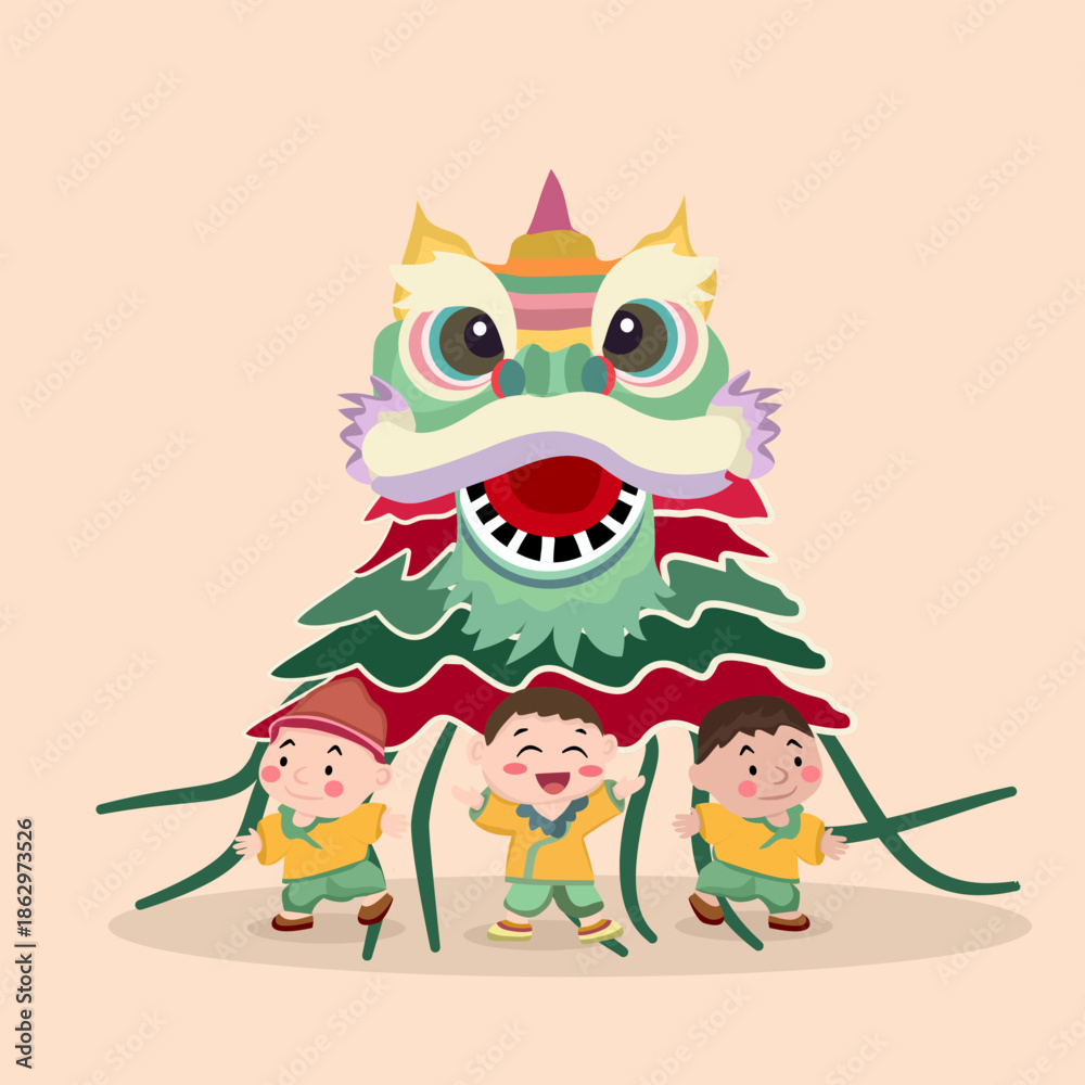 Naklejka premium Cute illustration of children performing a traditional lion dance to celebrate Lunar New Year. Festive red tones, joyful expressions, and cultural celebration concept suitable for holiday,