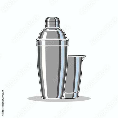 A metallic cocktail shaker and a measuring cup, on a white background, shadows