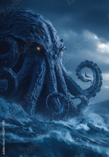 Giant sea creature emerging from ocean waves against cloudy sky