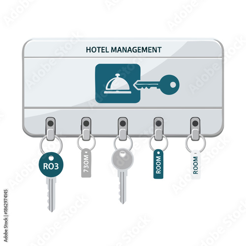 Hotel key rack with keys and labels, text 