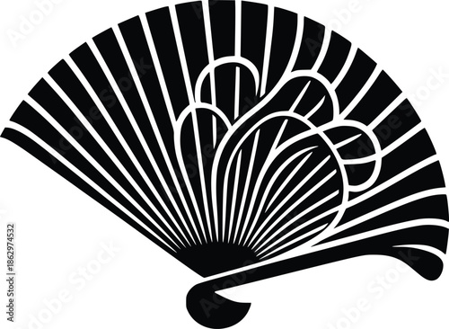 Elegant black and white illustration of a folding handheld fan with intricate details