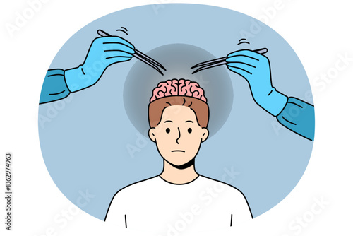 Neurosurgical operation on brain of man looking at camera, standing near two doctors hands with tweezers. Neurosurgical research and search for possibility of improving human neurons