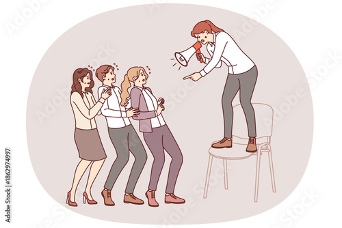 Woman manager shouts at subordinates through megaphone, intimidating employees to increase productivity. Toxic business manager uses hate and bullying to maintain leadership in corporation