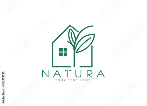 Modern real estate company logo design featuring a green eco house icon with a leaf symbol representing sustainable architecture and residential building construction in a vector illustration
