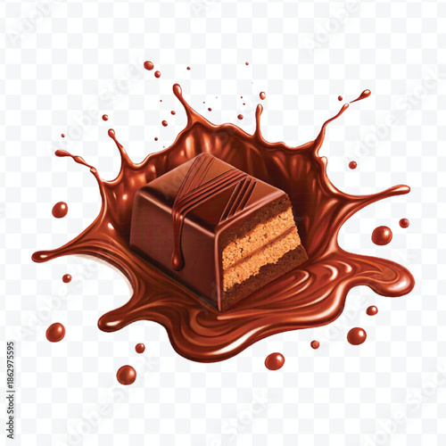 realistic 3d  dark chocolate bar with chocolate cream splash in different  style isolated on transparent background	
