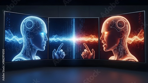 Artificial intelligence debate on digital screens concept