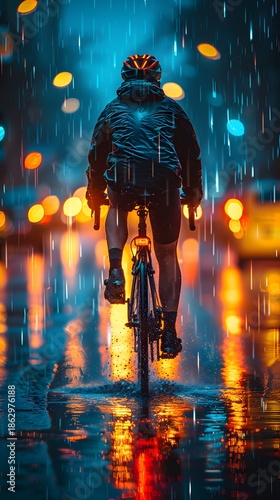 Cyclist Riding Through Rainy City Streets at Night Photo