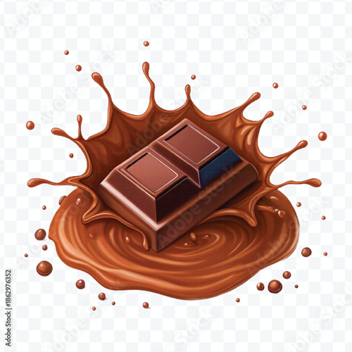 realistic 3d  dark chocolate bar with chocolate cream splash in different  style isolated on transparent background	
