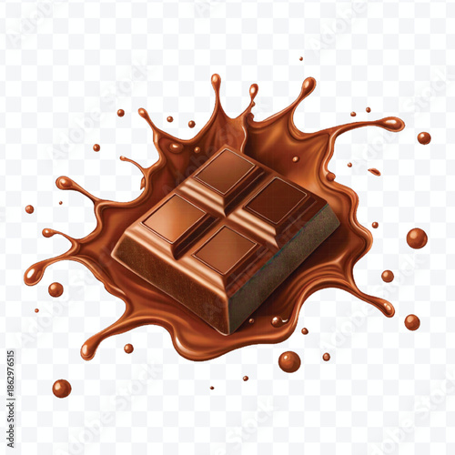 realistic 3d  dark chocolate bar with chocolate cream splash in different  style isolated on transparent background	
