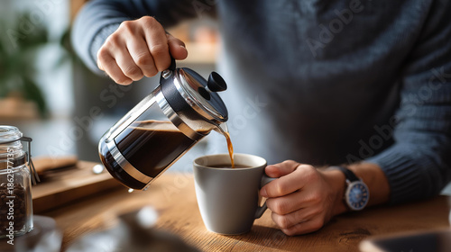 Faceless person preparing morning coffee as part of ritual, daily routine moment, habitual morning practice, lifestyle consistency scene, with copy space