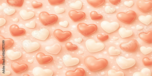 Pink candy heart pills on a red hearts background symbolize sweet love and health