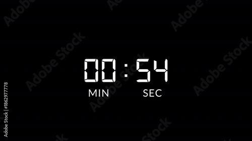 one minute countdown timer animation from 60 second to 0 second on transparent background, 1 minute countdown timer, countdown video with alpha channel