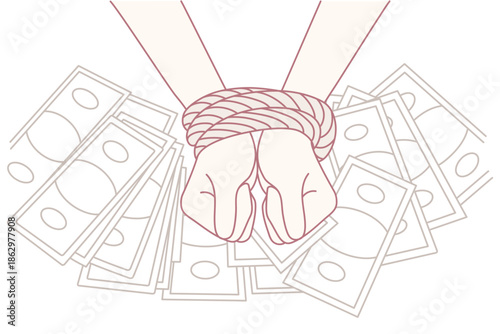 Closeup of person with tied hands on banknotes background. Businessperson arrested for money laundering or bribery. Financial crime. Vector illustration.