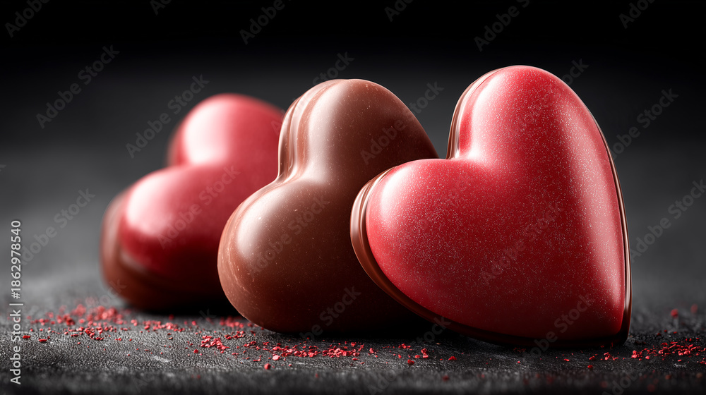 Fototapeta premium Heart-shaped chocolates on a delicate copy-space background, a clean romantic composition, suitable for advertising and Valentine's Day