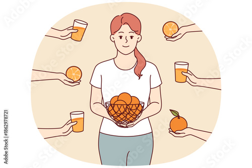 Woman eats oranges and drinks freshly squeezed citrus fruit juice to get health-improving vitamin C. Girl stands among hands with oranges and glasses with healthy drink that strengthens immune system.
