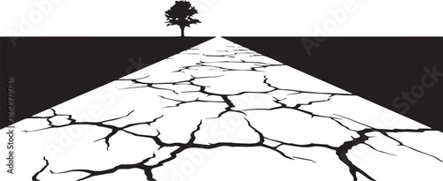 Lonely Tree at the End of a Cracked Road in Minimalist Black and White Landscape