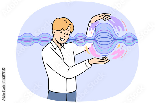 Man stands near energy wave, demonstrating results scientific experiments on physical phenomena. Business guy touches energy wave that allows you to quickly transmit commercially important information
