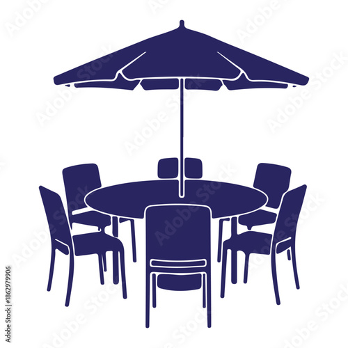 Outdoor patio furniture set with umbrella isolated on transparent background