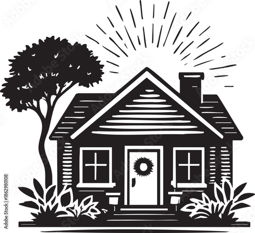 Cartoon vector illustration of a cottage house with a roof and window, next to a tree in a forest landscape, symbolizing home and real estate design