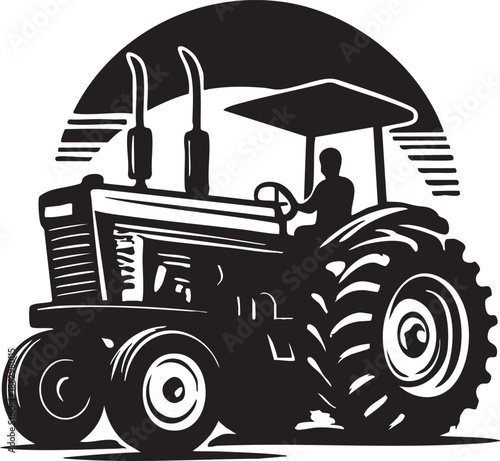 Agriculture machine tractor vehicle illustration silhouette isolated on white background and on the road with trailer