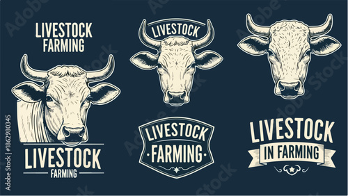Livestock in farming logo set with bull heads