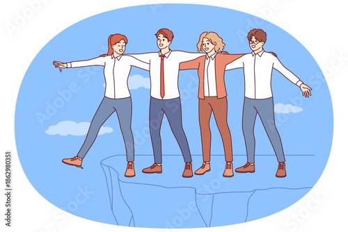 Well-coordinated teamwork business people allows to avoid risk and save colleagues from falling off cliff. Teamwork of men and women in business attire demonstrating successful synergy and unity