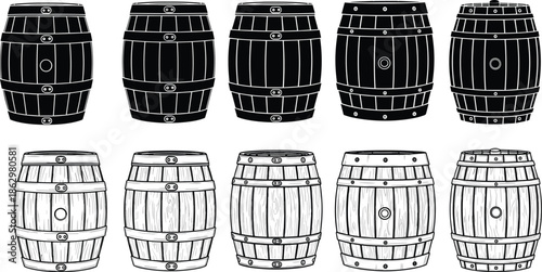 Wooden barrel silhouette and line icon set showing vintage storage containers for wine beer brewery packaging and graphic design