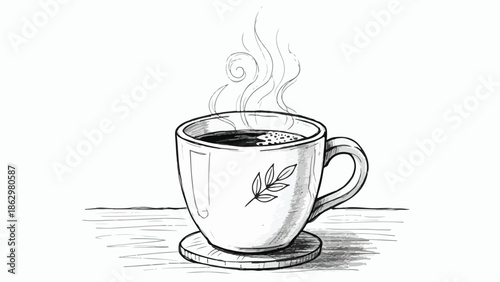 Simple sketch of a coffee mug with leaf detail