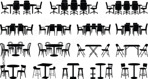 Black table and chair silhouettes set isolated on white background, office cafe restaurant furniture icons vector collection for interior design