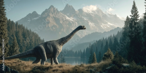 Qantassaurus in a lush prehistoric landscape with mountains and forests