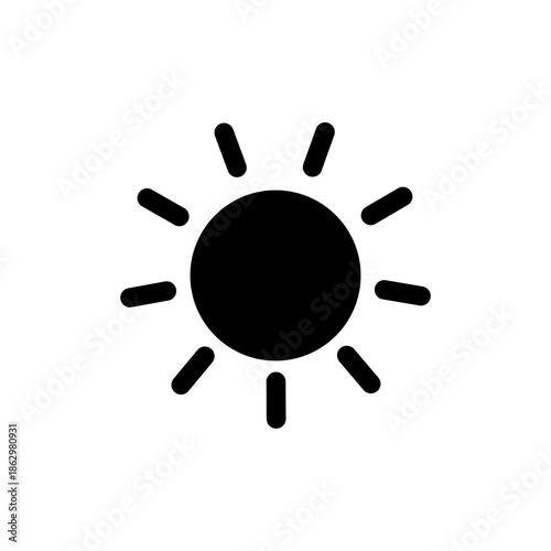 Minimalist black sun icon with radiating rays, symbolizing light, brightness, and a clear day