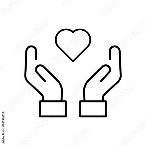 Hands holding a heart icon symbolizing love, care, support, and charity in outline
