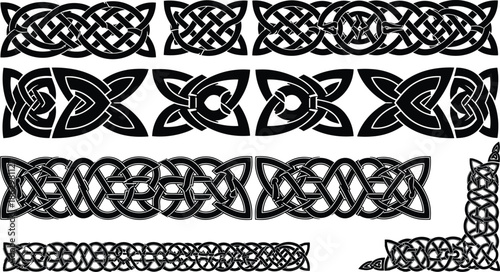 Celtic knot border silhouette icon set featuring traditional interlaced patterns for medieval ornament tattoo design and decorative graphic use