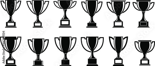 Black trophy cup silhouette icon set representing victory award achievement success competition prize for sports events branding and graphic design