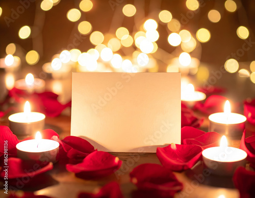 Romantic Valentine’s Day greeting card mockup with candles and rose petals on warm bokeh background