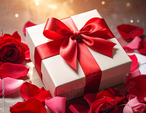Romantic Valentine’s Day gift box with red ribbon and roses on elegant background