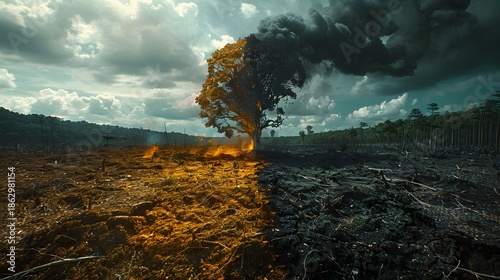 Tree Burning with Half Burnt Landscape deforestation Photo
