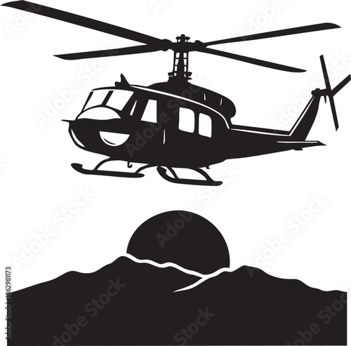 Helicopter Silhouette Over Mountain Sunset – Dramatic Aerial Landscape Illustration