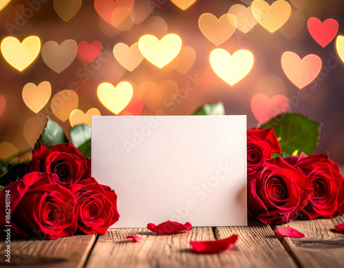 Valentine’s Day greeting card mockup on wooden table with red roses and heart bokeh background