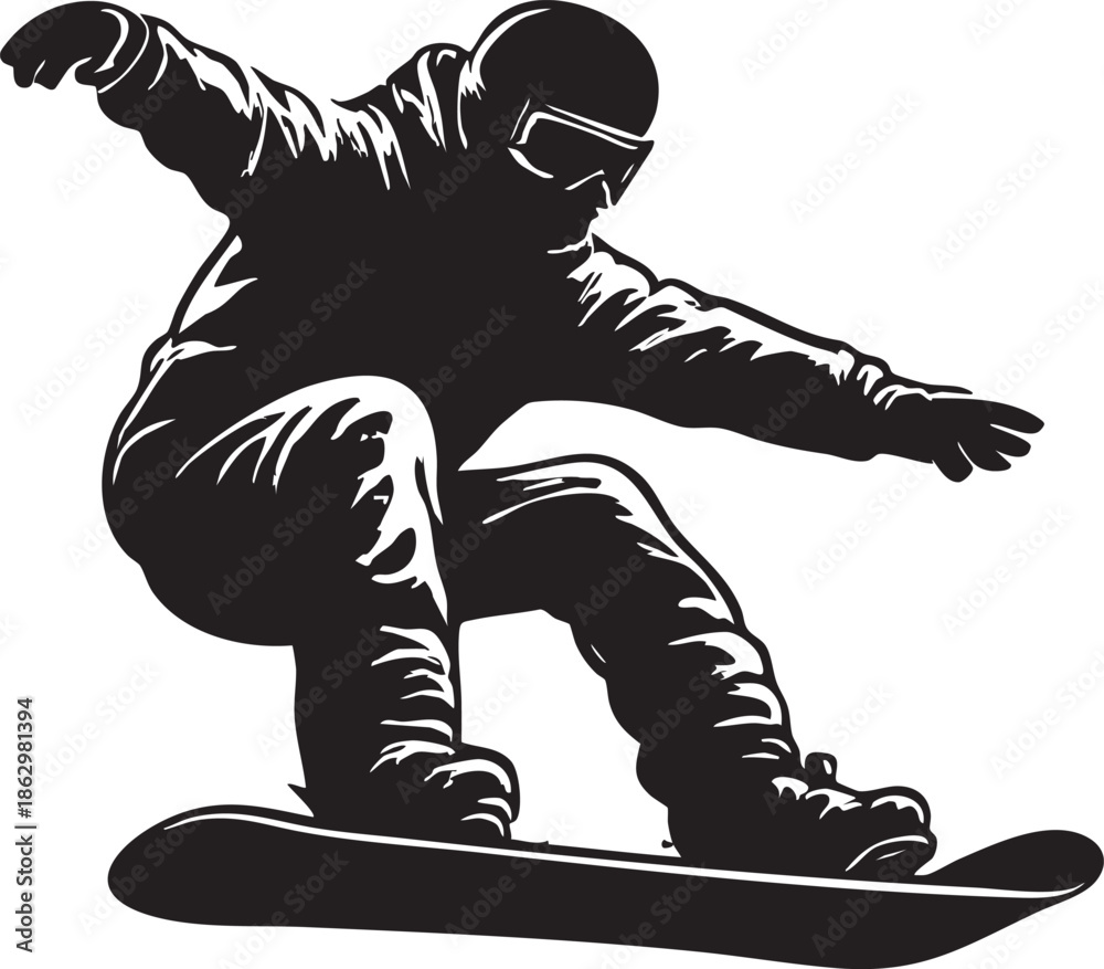 Fototapeta premium Dynamic Snowboarder Jump in Winter Gear – Black and White Action Illustration