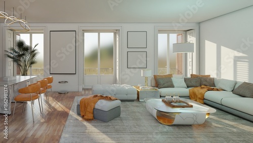 A modern living room features a white sofa, orange chairs, and blank frames on the wall for art mockups, illuminated by sunlight in a 3D interior design with marble furniture.