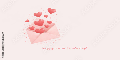 Pink vector illustration of a happy valentine's day card design with red hearts and romantic decorations
