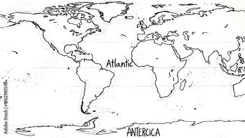 Outline map of world continents with ocean names