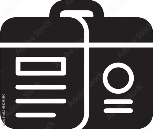 Black and white of a briefcase with document and circular symbol business travel luggage